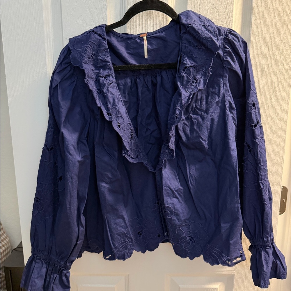 Free People Navy Blue Embroidered Peasant Blouse
